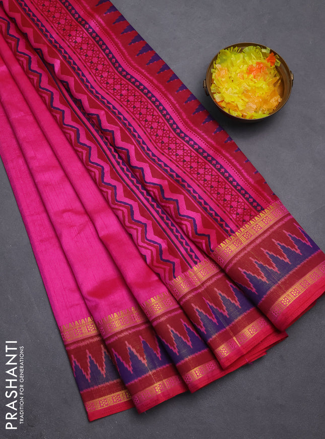 Semi tussar saree pink and maroon with plain body and ikat woven zari border
