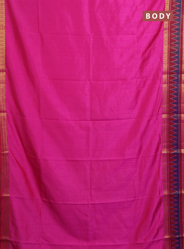 Semi tussar saree pink and maroon with plain body and ikat woven zari border