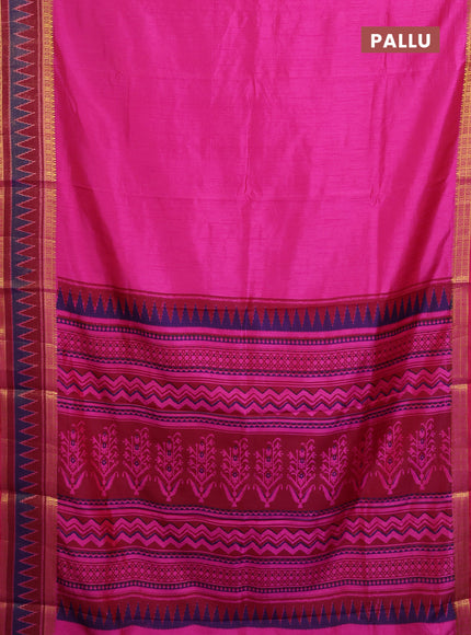 Semi tussar saree pink and maroon with plain body and ikat woven zari border