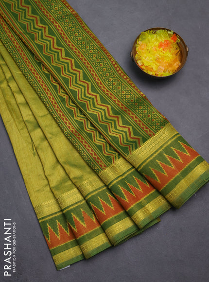 Semi tussar saree light green and green with plain body and ikat woven zari border
