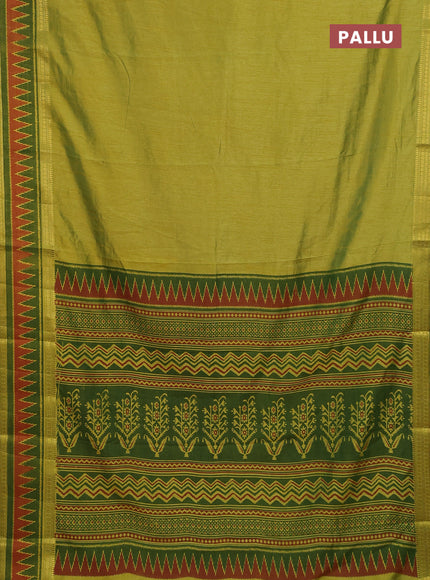 Semi tussar saree light green and green with plain body and ikat woven zari border