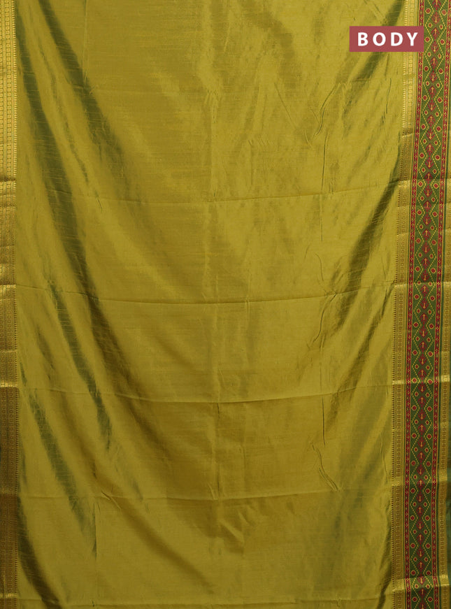 Semi tussar saree light green and green with plain body and ikat woven zari border