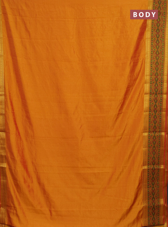Semi tussar saree dual shade of mustard yellow and red with plain body and ikat woven zari border