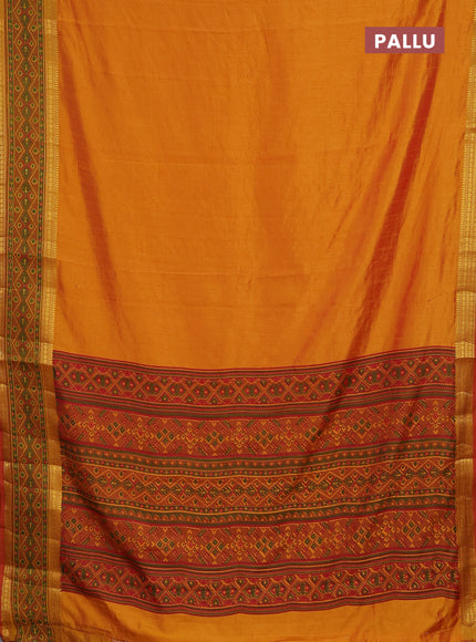 Semi tussar saree dual shade of mustard yellow and red with plain body and ikat woven zari border