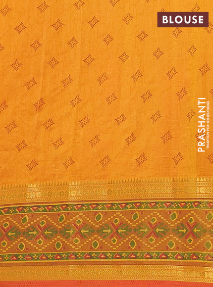 Semi tussar saree dual shade of mustard yellow and red with plain body and ikat woven zari border