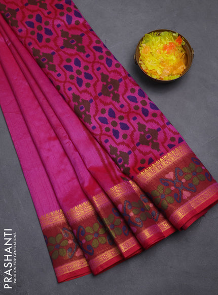 Semi tussar saree pink and maroon with plain body and ikat woven zari border
