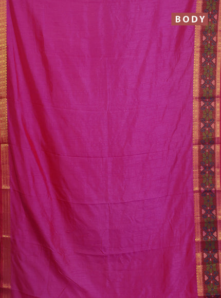Semi tussar saree pink and maroon with plain body and ikat woven zari border