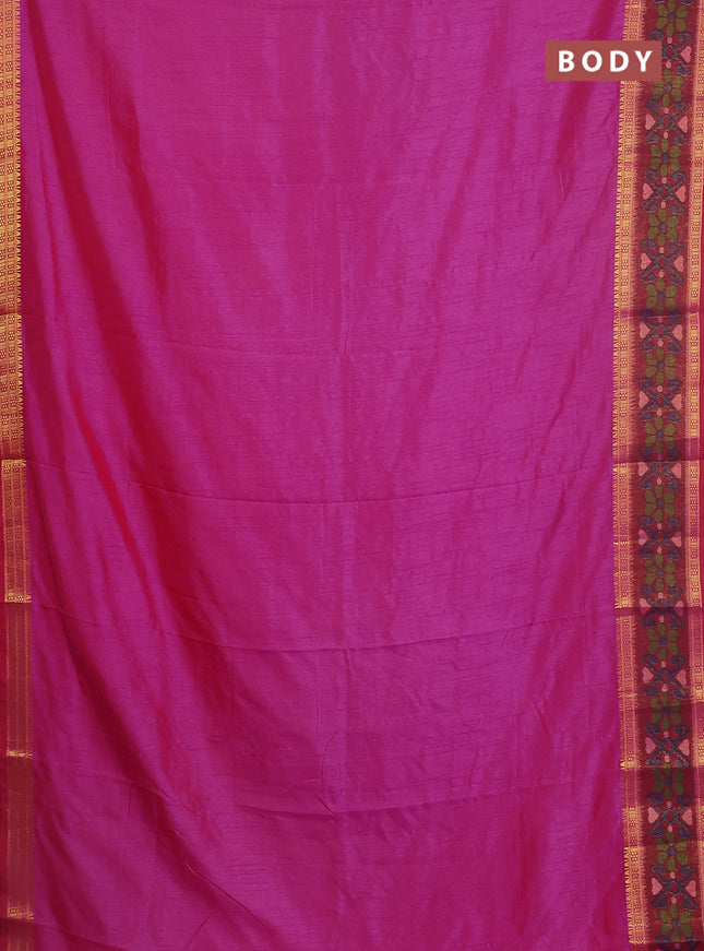 Semi tussar saree pink and maroon with plain body and ikat woven zari border