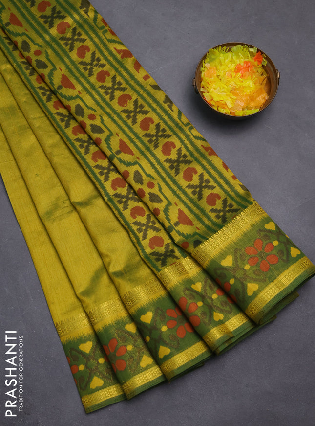 Semi tussar saree light green and green with plain body and ikat woven zari border