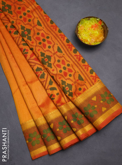 Semi tussar saree sunset orange and dark mustard with plain body and ikat woven zari border