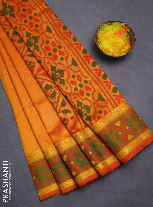 Semi tussar saree sunset orange and dark mustard with plain body and ikat woven zari border