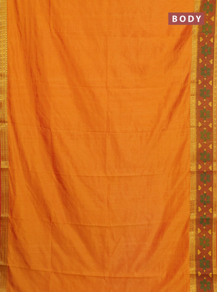 Semi tussar saree sunset orange and dark mustard with plain body and ikat woven zari border