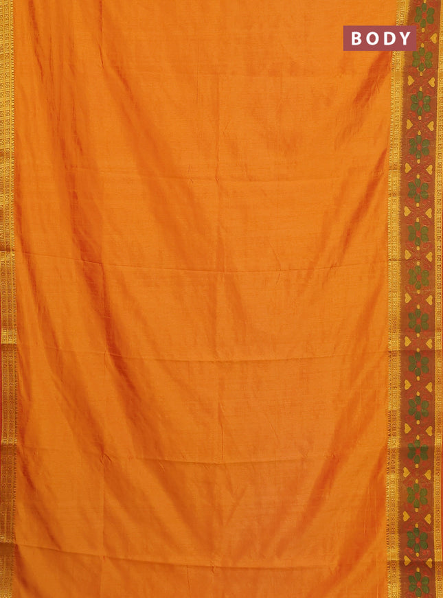 Semi tussar saree sunset orange and dark mustard with plain body and ikat woven zari border