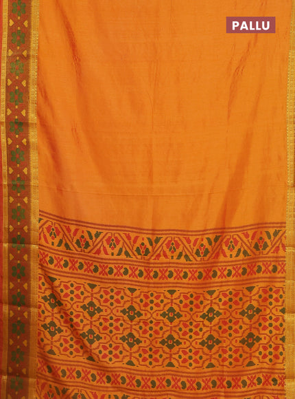 Semi tussar saree sunset orange and dark mustard with plain body and ikat woven zari border