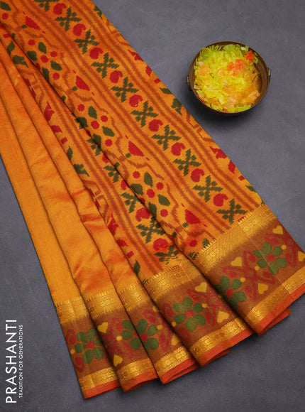 Semi tussar saree sunset orange and dark mustard with plain body and ikat woven zari border