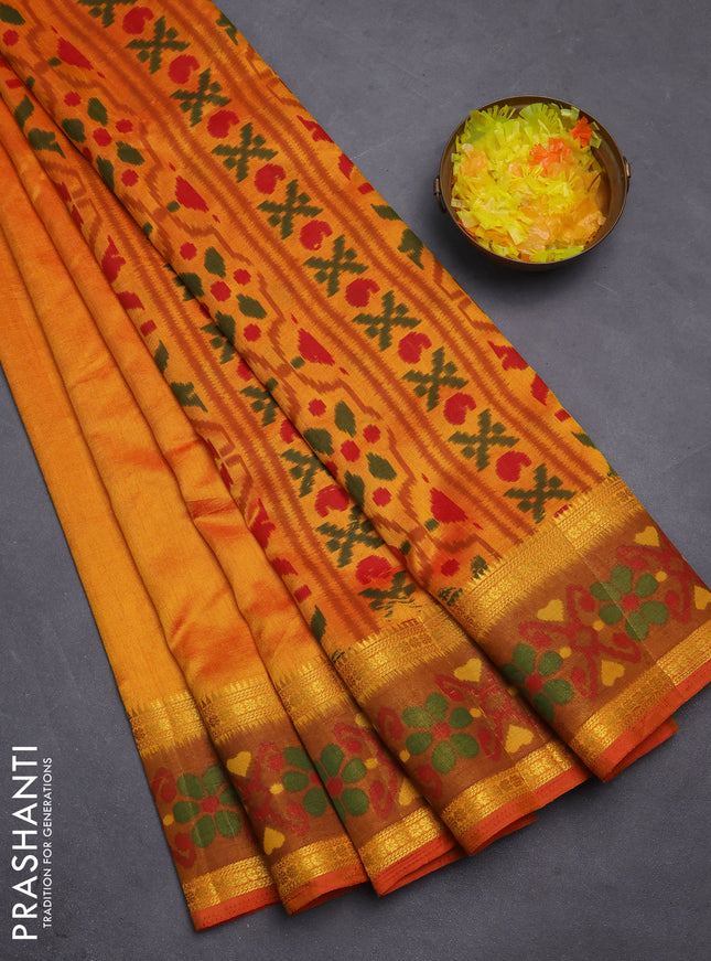 Semi tussar saree sunset orange and dark mustard with plain body and ikat woven zari border