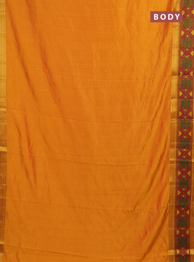 Semi tussar saree sunset orange and dark mustard with plain body and ikat woven zari border