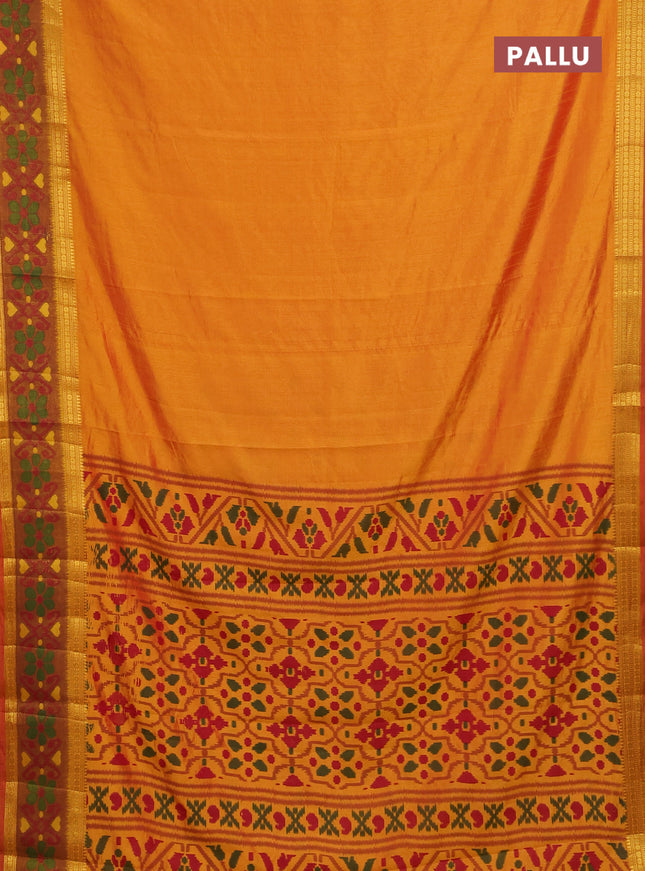 Semi tussar saree sunset orange and dark mustard with plain body and ikat woven zari border