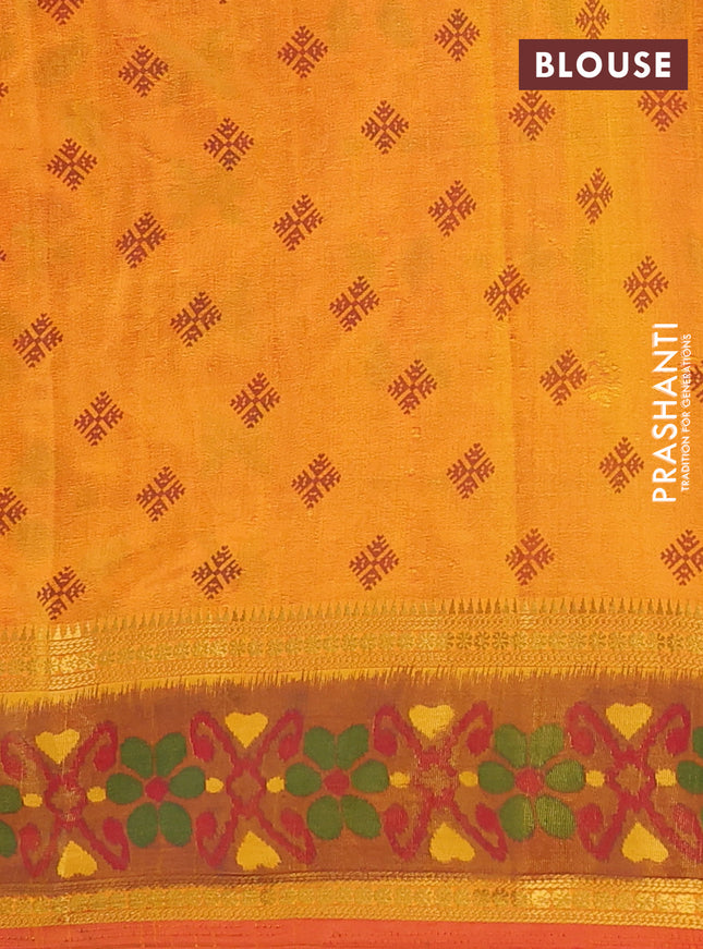 Semi tussar saree sunset orange and dark mustard with plain body and ikat woven zari border