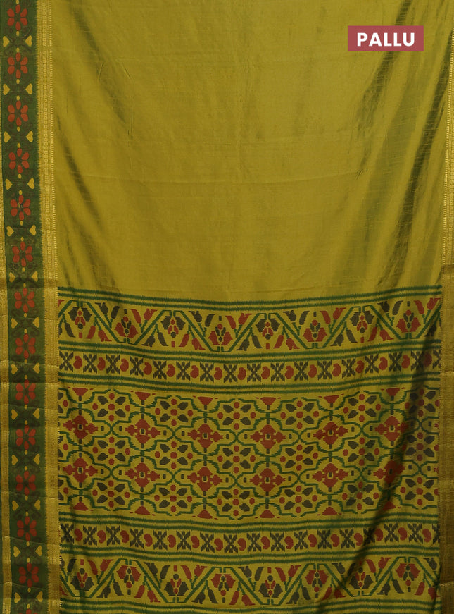 Semi tussar saree dual shade of light green and green with plain body and ikat woven zari border