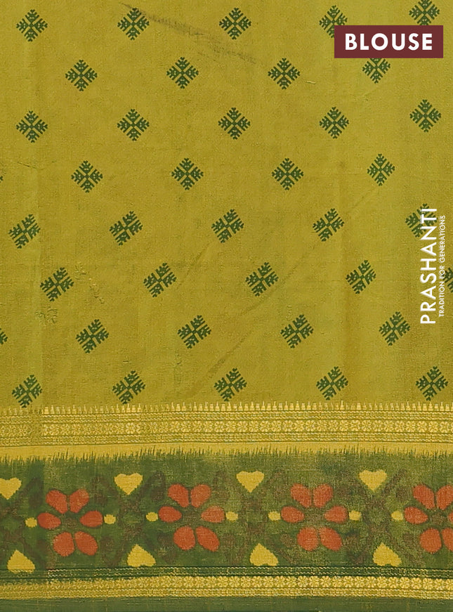 Semi tussar saree dual shade of light green and green with plain body and ikat woven zari border