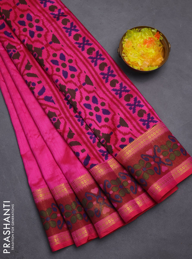 Semi tussar saree pink and maroon with plain body and ikat woven zari border