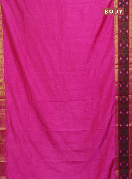 Semi tussar saree pink and maroon with plain body and ikat woven zari border