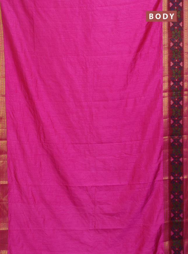 Semi tussar saree pink and maroon with plain body and ikat woven zari border