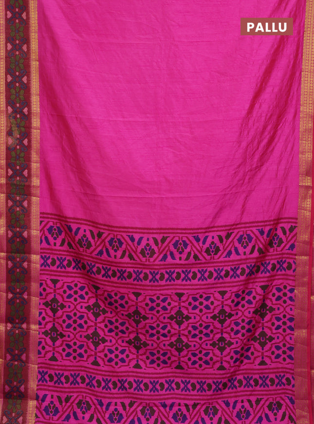 Semi tussar saree pink and maroon with plain body and ikat woven zari border