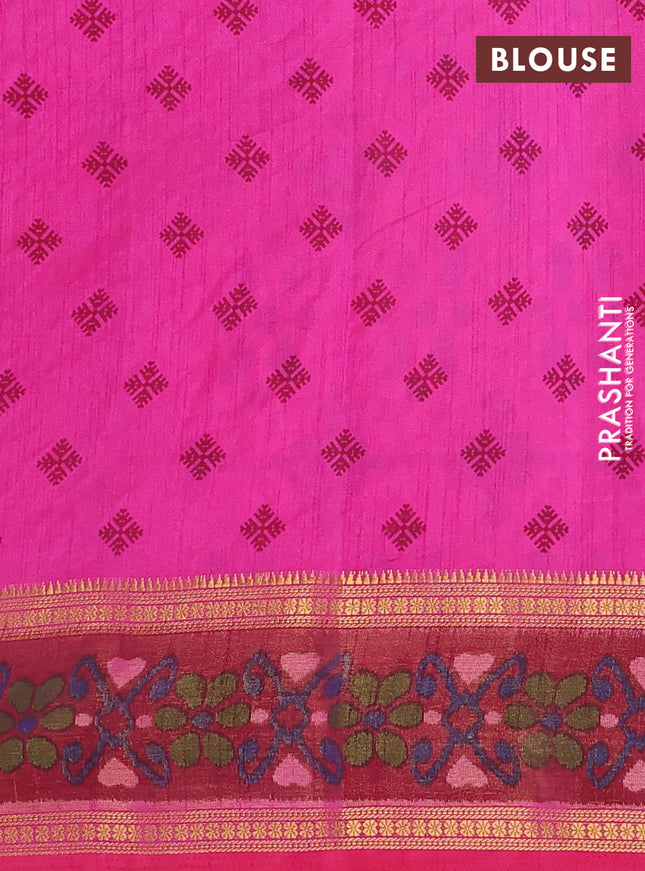Semi tussar saree pink and maroon with plain body and ikat woven zari border