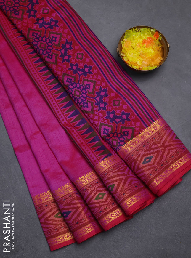 Semi tussar saree pink and maroon with plain body and ikat printed pallu