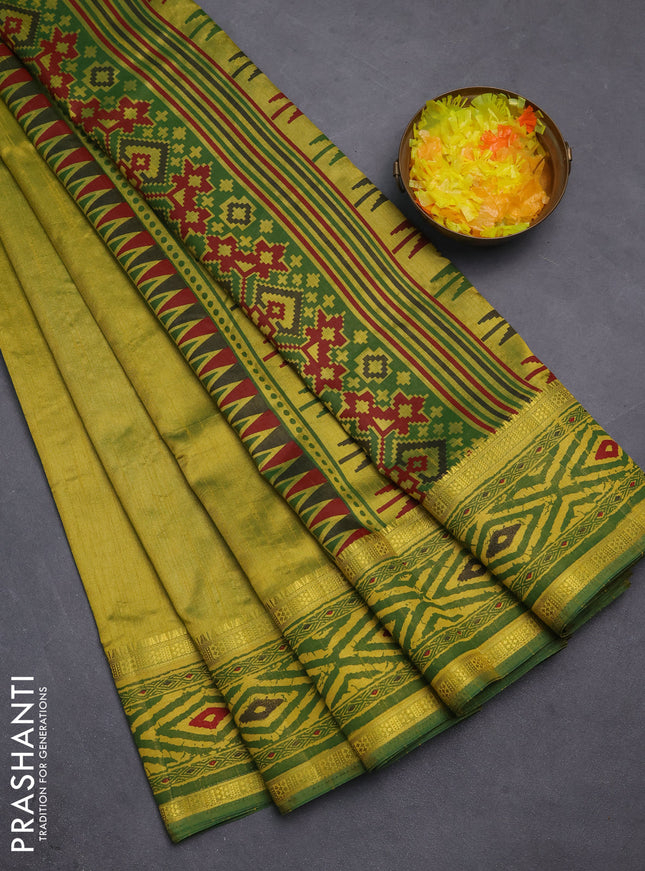 Semi tussar saree light green and green with plain body and ikat printed pallu
