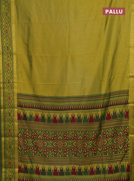 Semi tussar saree light green and green with plain body and ikat printed pallu