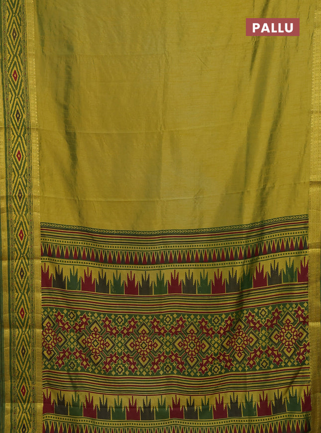 Semi tussar saree light green and green with plain body and ikat printed pallu
