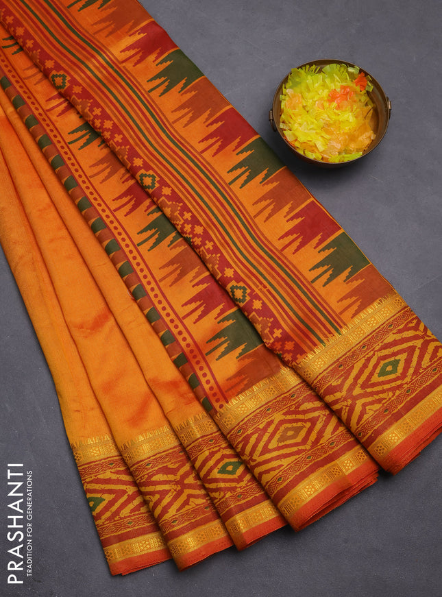 Semi tussar saree sunset orange and maroon with plain body and ikat printed pallu