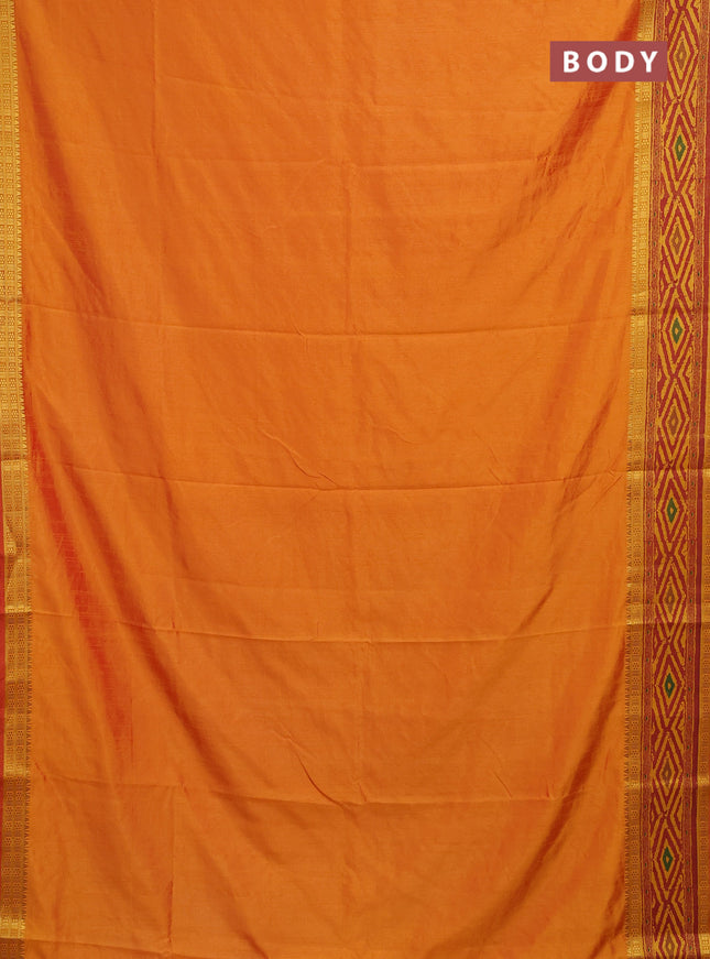 Semi tussar saree sunset orange and maroon with plain body and ikat printed pallu