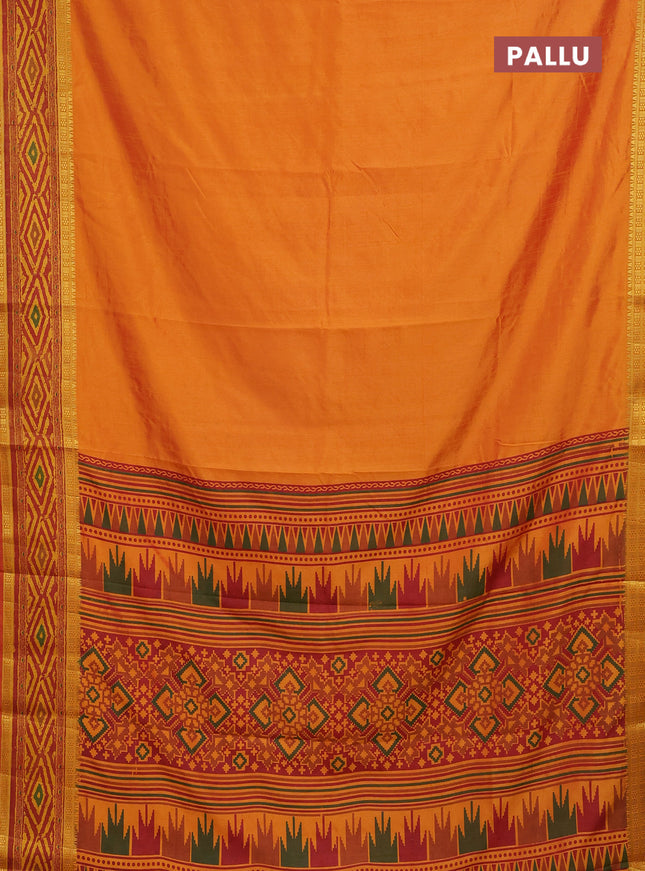 Semi tussar saree sunset orange and maroon with plain body and ikat printed pallu