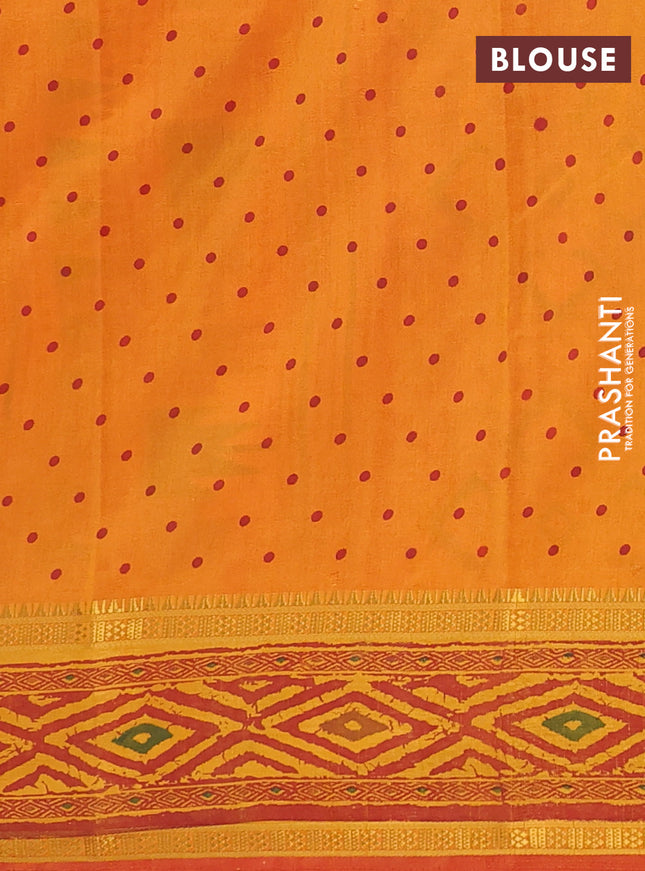 Semi tussar saree sunset orange and maroon with plain body and ikat printed pallu