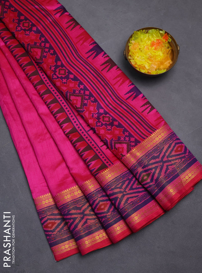 Semi tussar saree pink and blue with plain body and ikat printed pallu