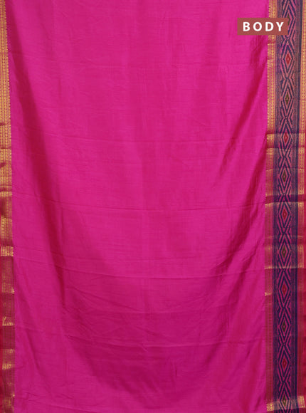 Semi tussar saree pink and blue with plain body and ikat printed pallu