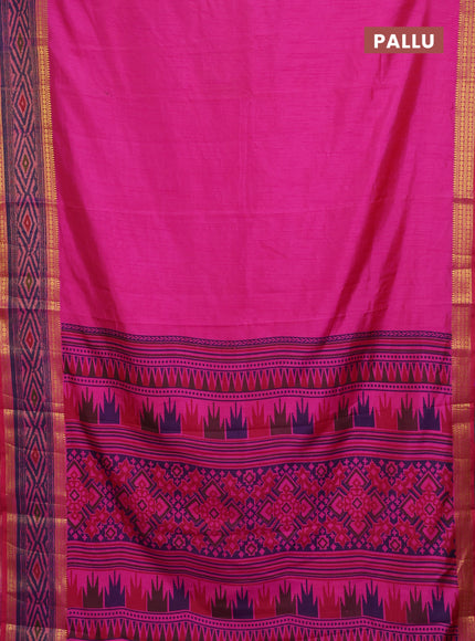 Semi tussar saree pink and blue with plain body and ikat printed pallu