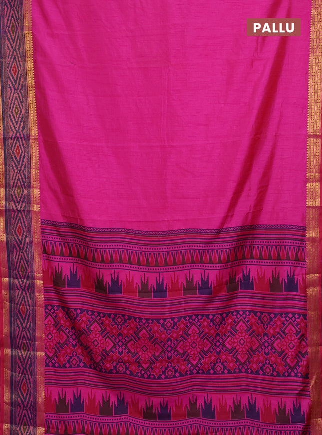 Semi tussar saree pink and blue with plain body and ikat printed pallu