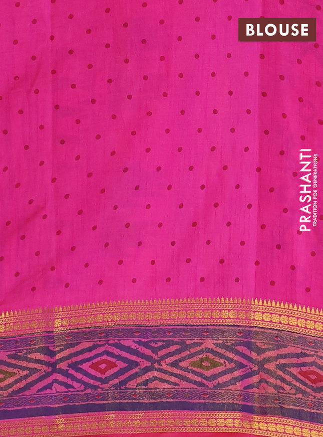 Semi tussar saree pink and blue with plain body and ikat printed pallu