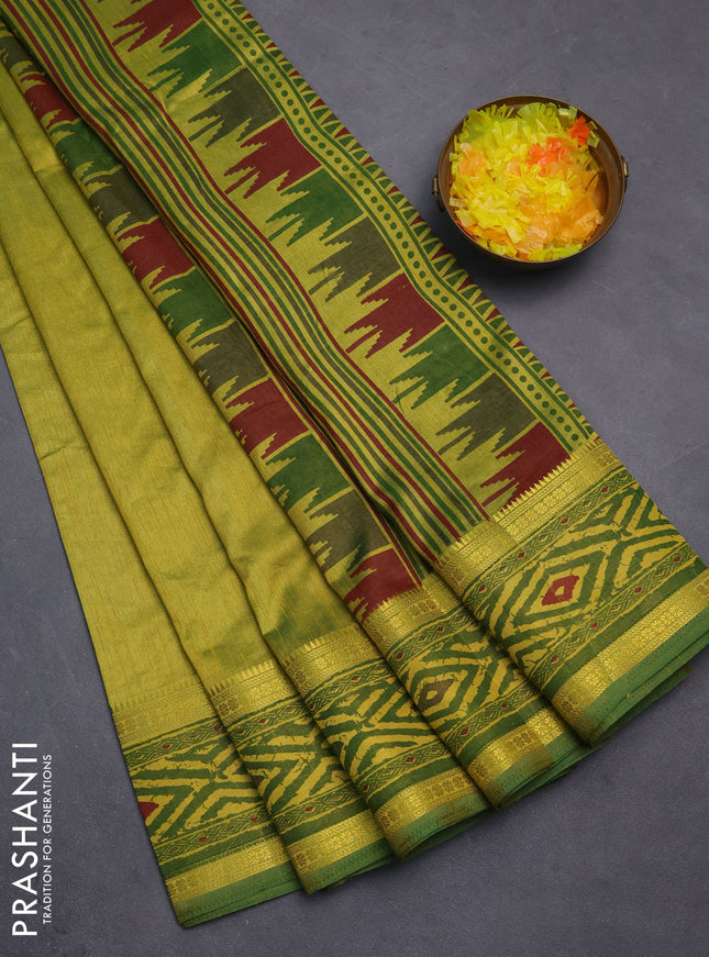 Semi tussar saree light green and green with plain body and ikat printed pallu