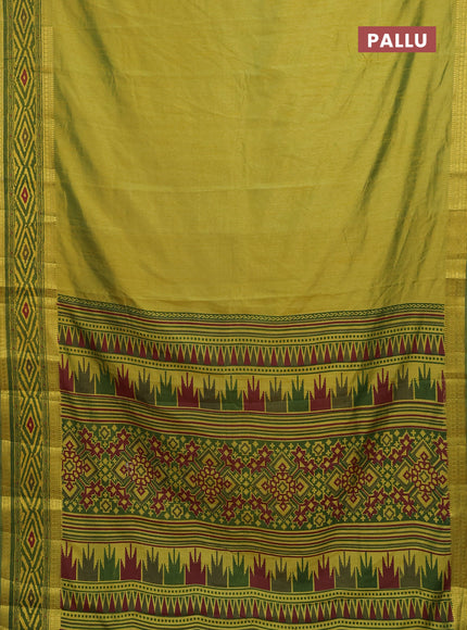 Semi tussar saree light green and green with plain body and ikat printed pallu