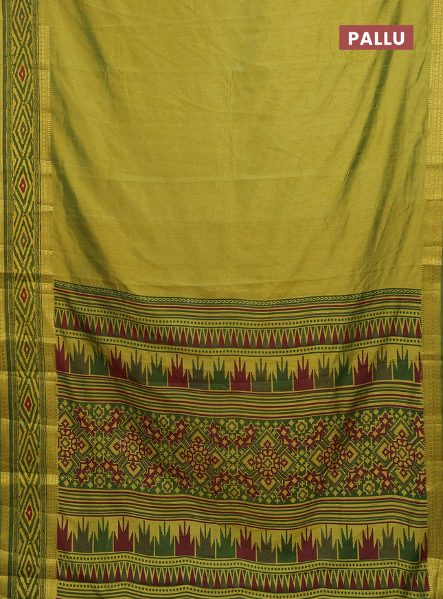 Semi tussar saree light green and green with plain body and ikat printed pallu