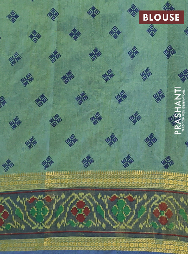 Semi tussar saree dual shade of greenish blue and blue with plain body and ikat woven zari border