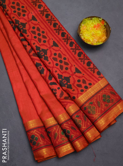 Semi tussar saree dual shade of pinkish orange and maroon with plain body and ikat woven zari border
