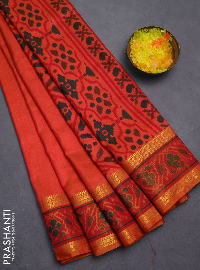 Semi tussar saree dual shade of pinkish orange and maroon with plain body and ikat woven zari border
