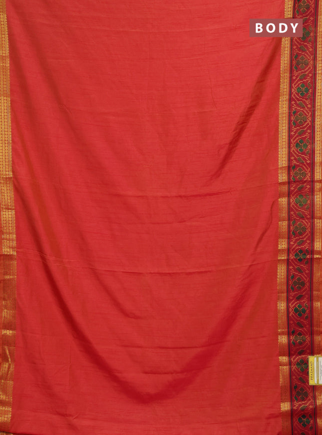 Semi tussar saree dual shade of pinkish orange and maroon with plain body and ikat woven zari border